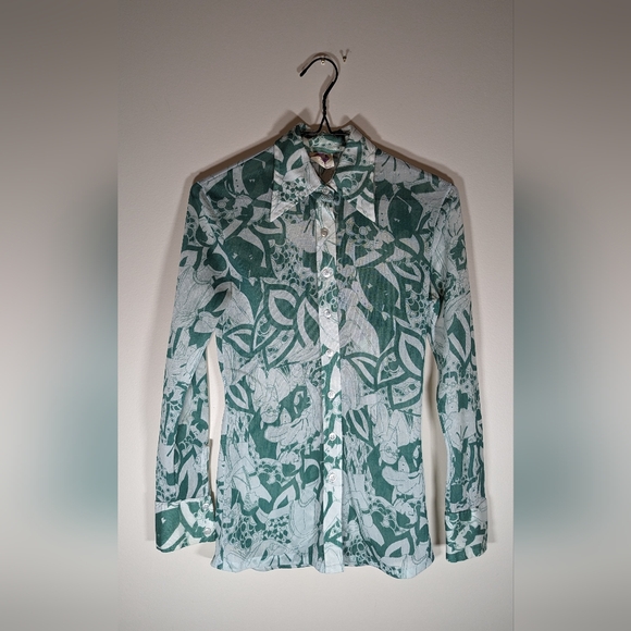 Vintage 70's Flapper Girl Dinner Party Button Up Shirt w/ Dagger Collar - Picture 1 of 6